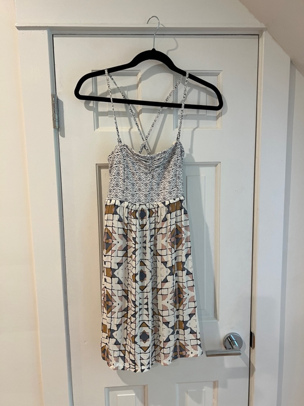 Roxy Cream Mini Dress with Blue and Brown Geometric Print